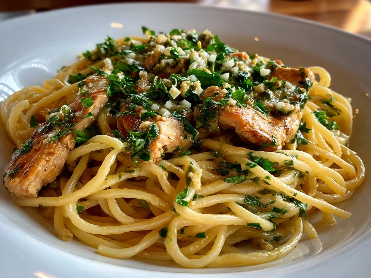 Final plated Chicken Piccata Pasta with lemon and parsley garnish