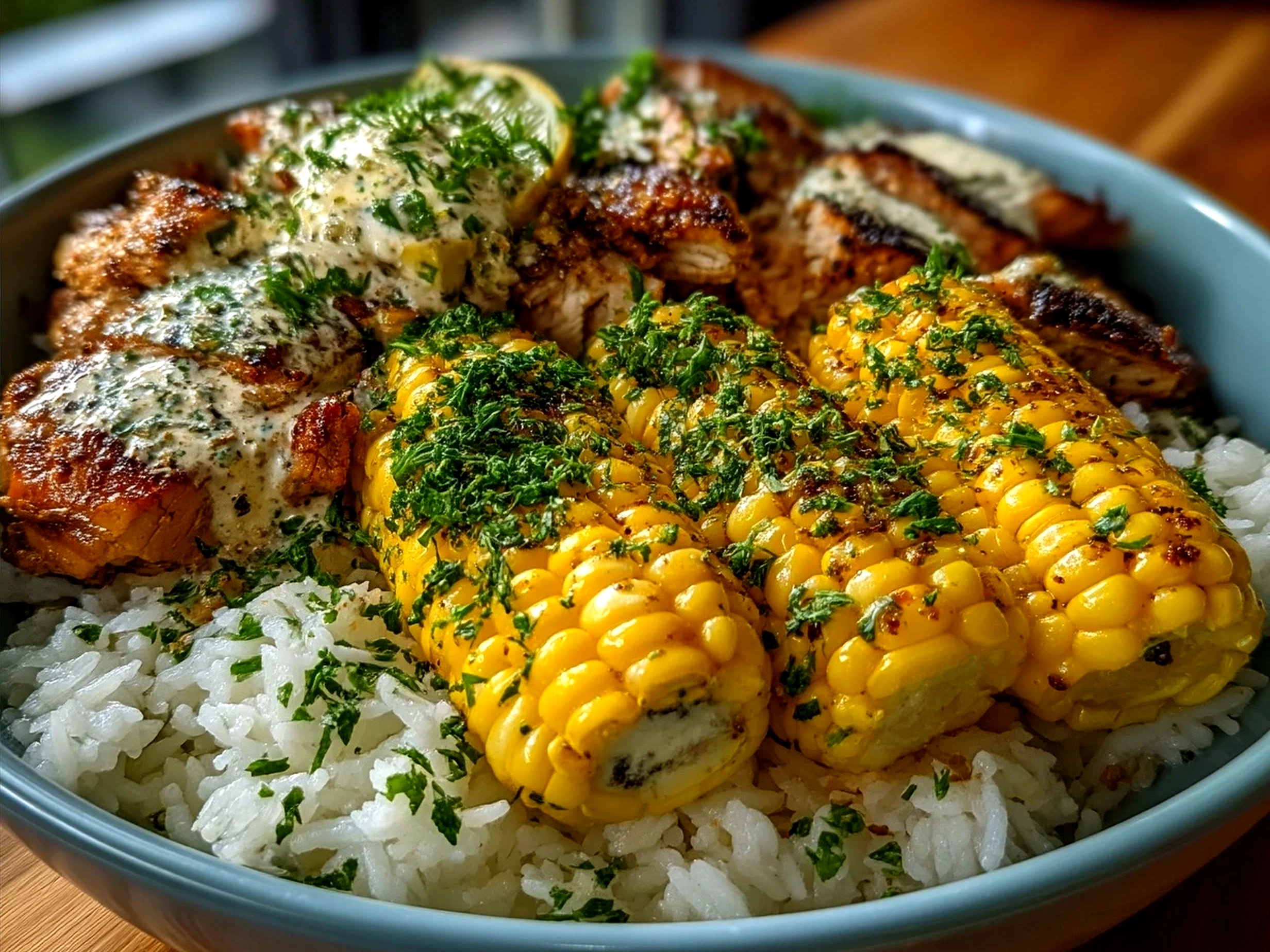 Assembled Chicken Rice Bowl with Street Corn ready to serve