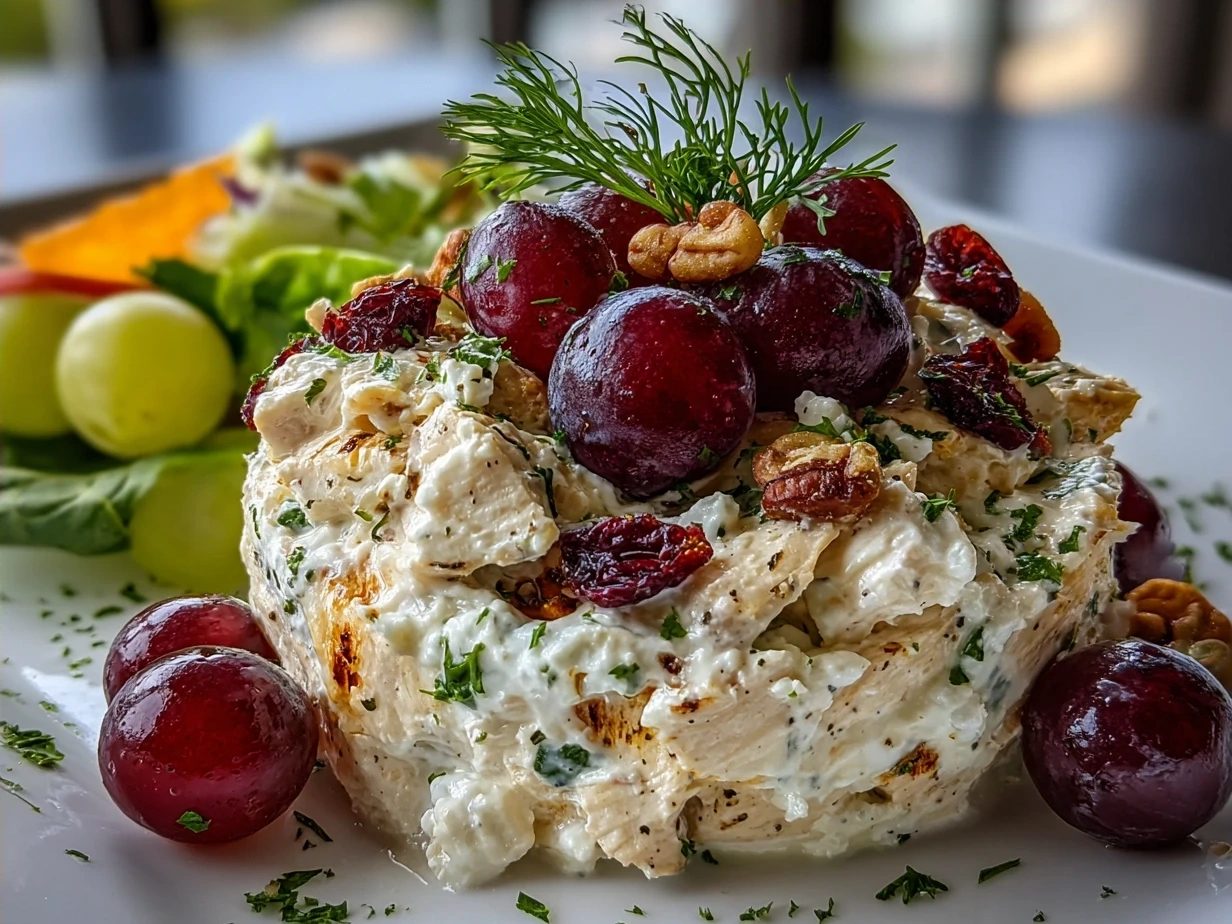 Freshly prepared Chicken Salad Chick Grape Salad served in a glass bowl with toasted nuts on top