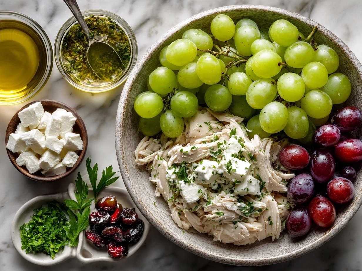 Ingredients for Chicken Salad Chick Grape Salad laid out including grapes, cream cheese, sour cream, sugar, and nuts