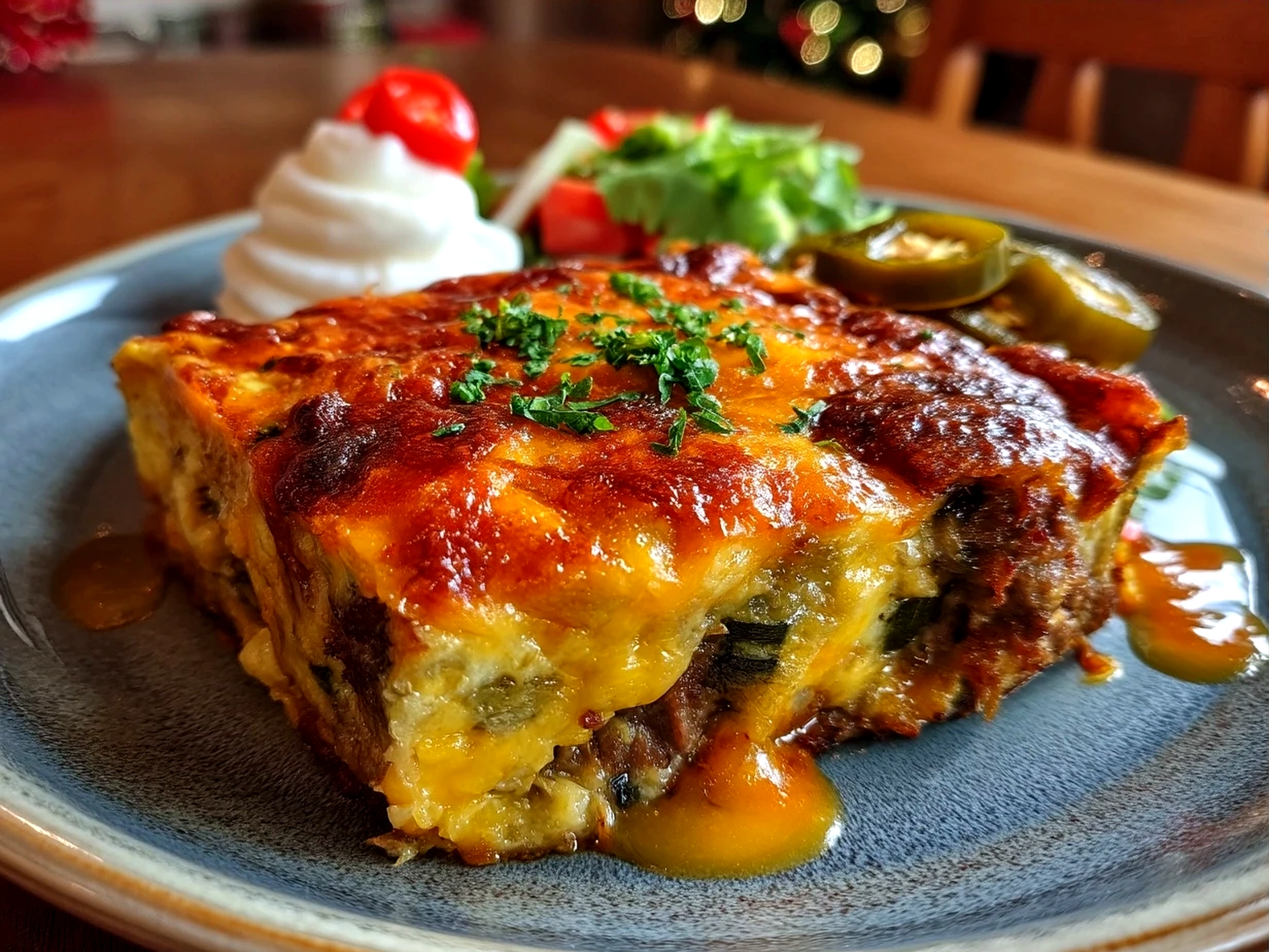 Baked chile relleno casserole served as a family meal with melty cheese and roasted poblano peppers