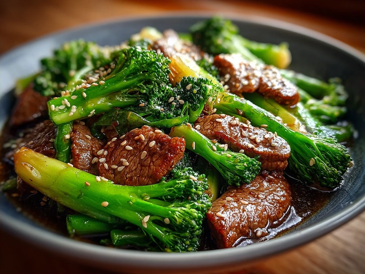 Serving of Chinese Beef Broccoli Stir-fry plated with steamed jasmine rice