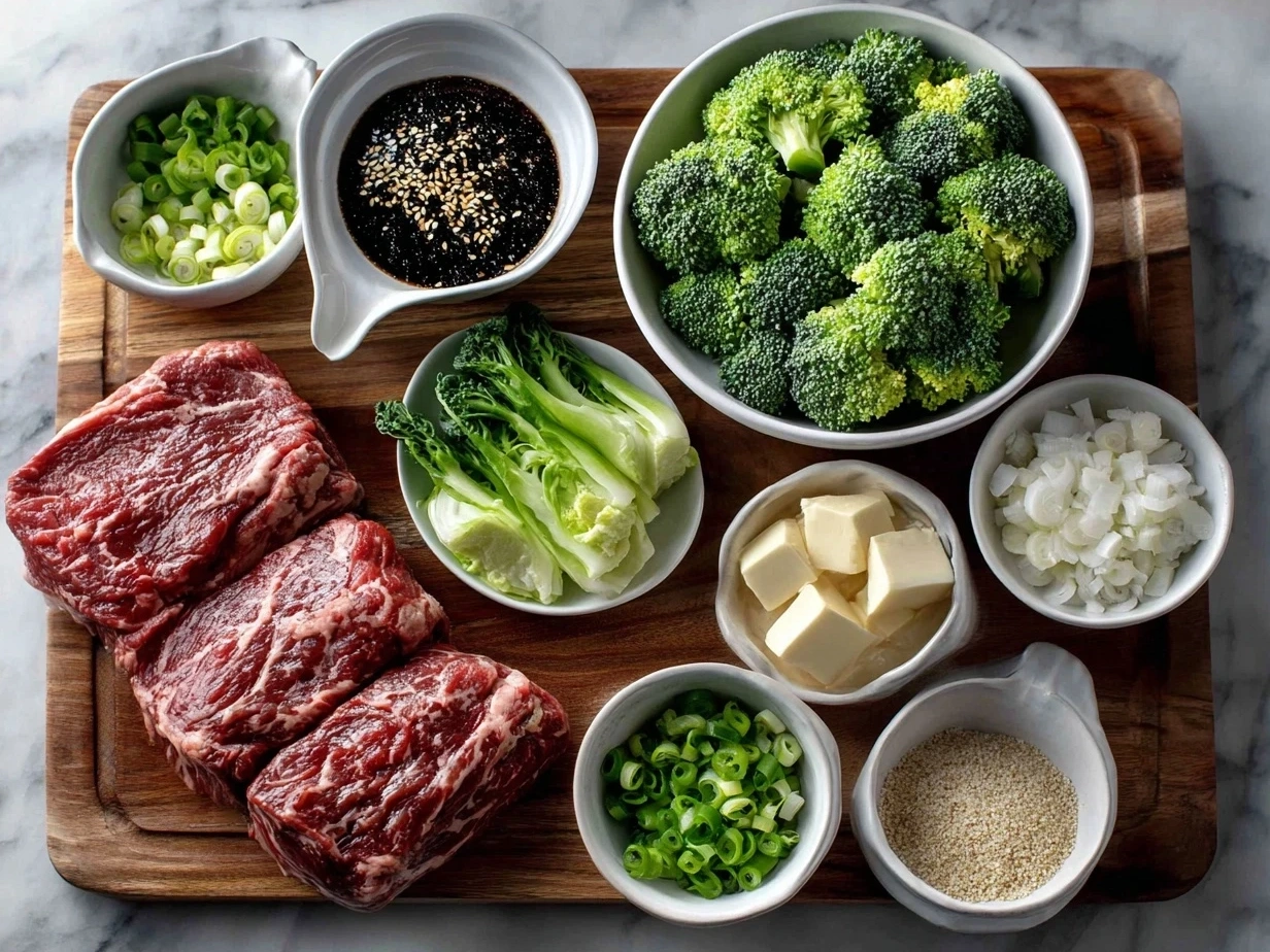 Ingredients for Chinese Beef Broccoli Stir-fry displayed on the kitchen counter