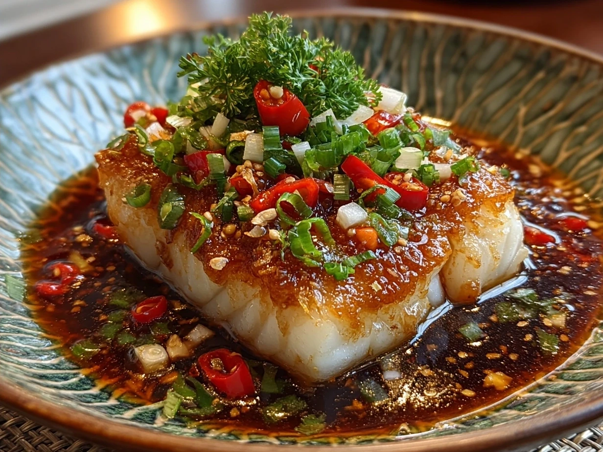 Final plated Chinese Steamed Cod Fish with Ginger Scallion Sauce garnished with scallions and chili