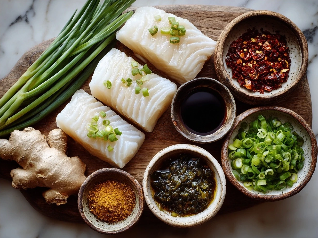 Ingredients for Chinese Steamed Cod Fish with Ginger Scallion Sauce, including fresh cod fillets, ginger, scallions, soy sauce, and oils
