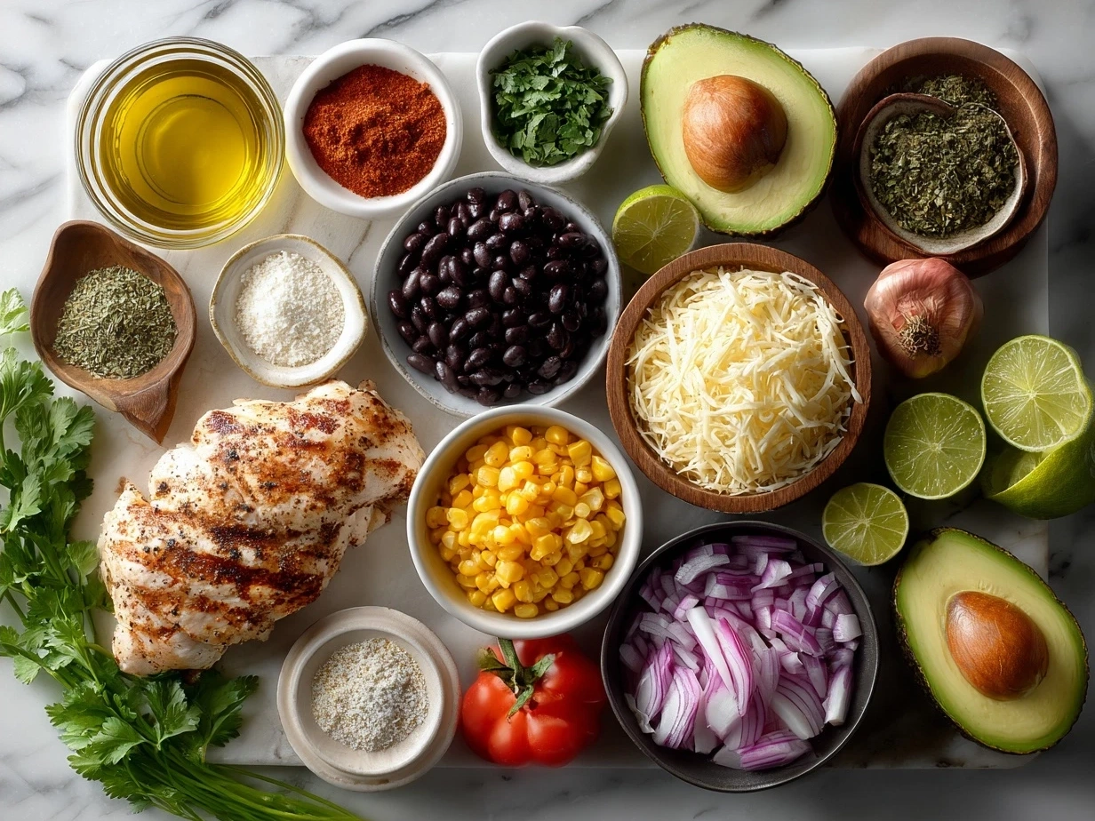 Ingredients for Chipotle Ranch Grilled Chicken Burrito laid out on a kitchen counter