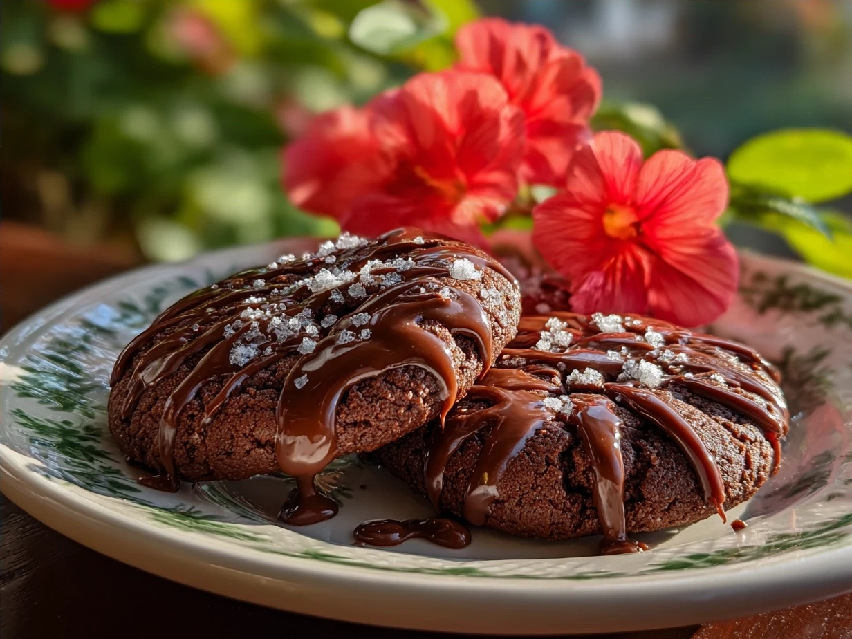 A serving of freshly baked Chocolate Blossom Cookies on a rustic wooden board