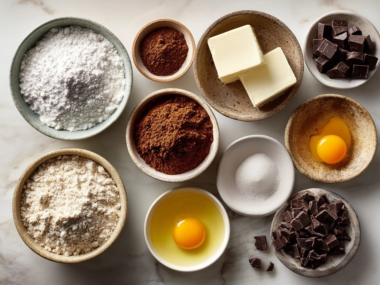 Ingredients needed for Chocolate Blossom Cookies including butter, sugar, eggs, vanilla extract, flour, cocoa powder, baking soda, salt, cinnamon, and Hershey's Kisses