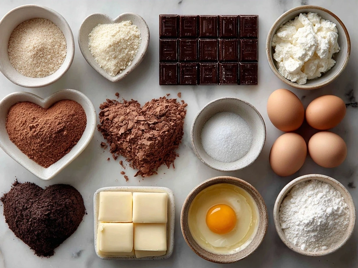 Ingredients for Chocolate Cut-Out Heart Cookies showing flour, cocoa powder, butter, and spices
