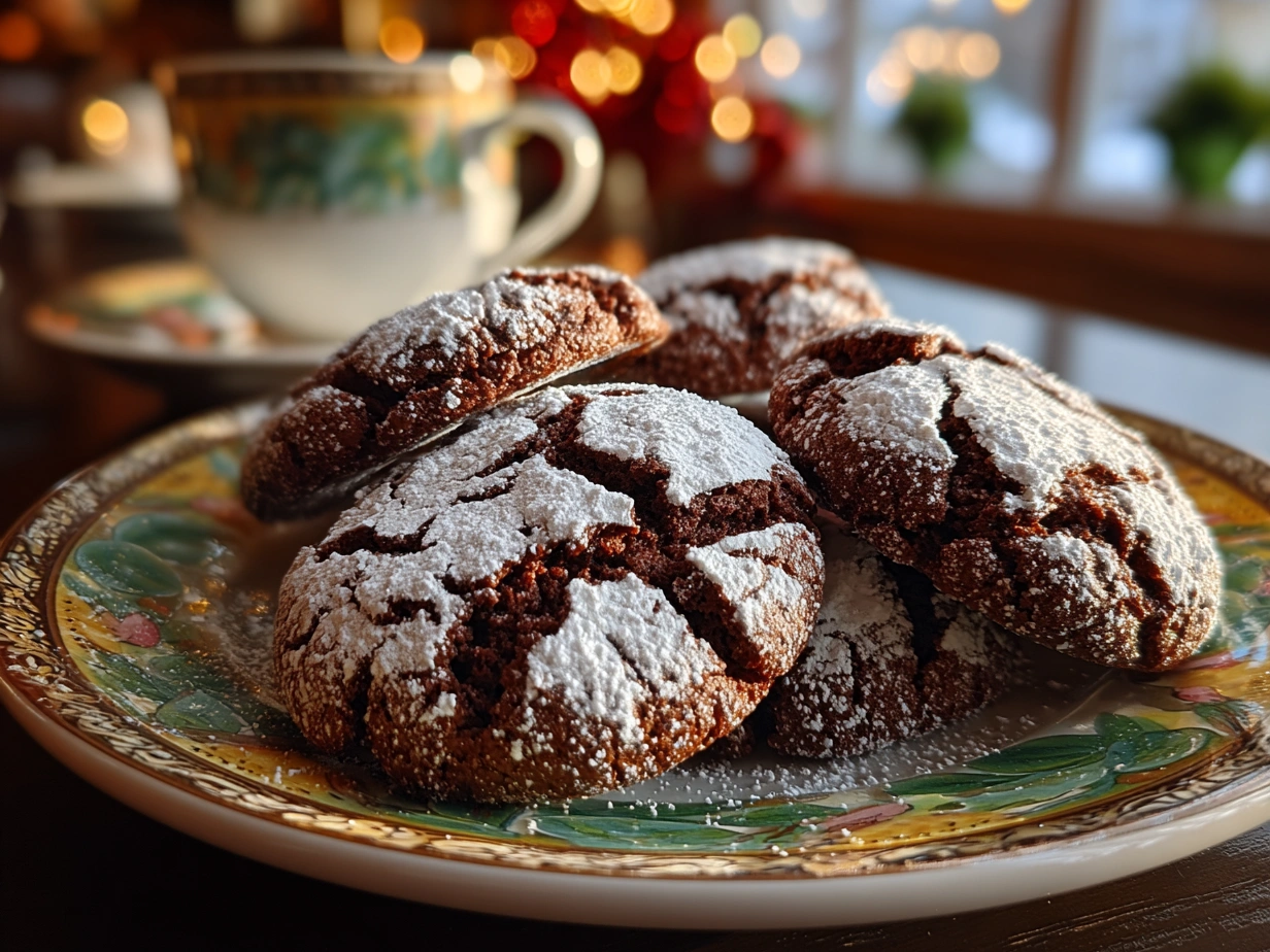Freshly baked Chocolate Mint Crinkles cookies displayed on a festive plate