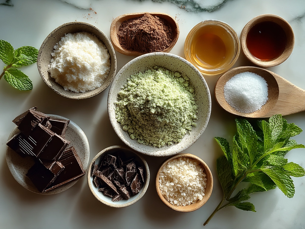 Ingredients for Chocolate Mint Crinkles including flour, cocoa powder, butter, sugar, and peppermint extract
