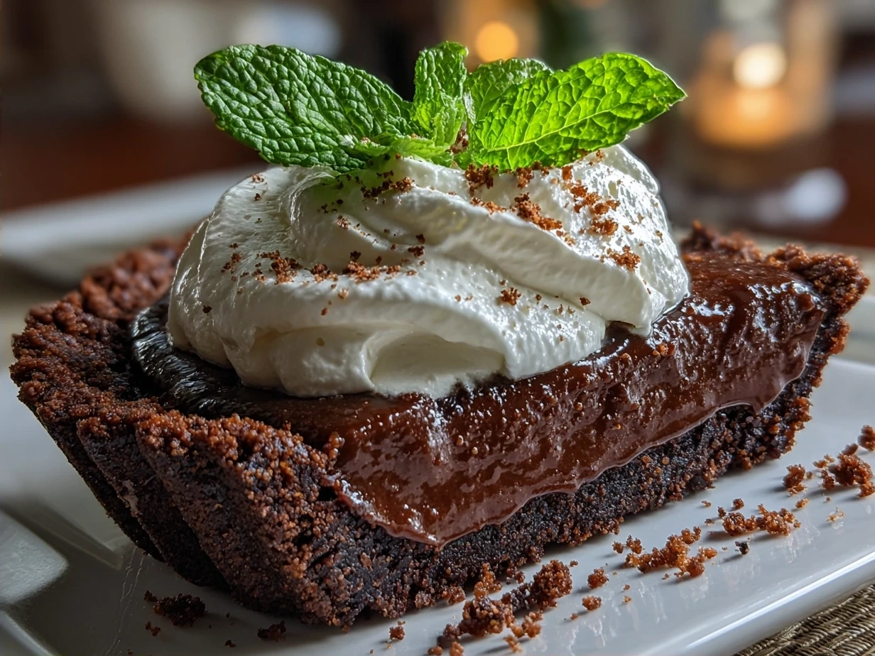 Finished Chocolate Mint Pie garnished with whipped cream and fresh mint leaves