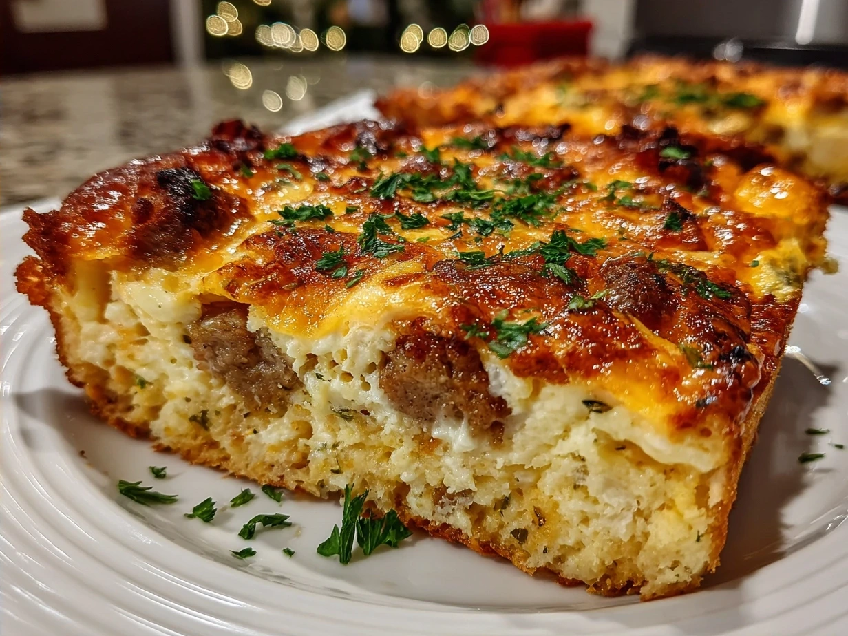 Finished Christmas Breakfast Casserole, golden baked and ready to serve