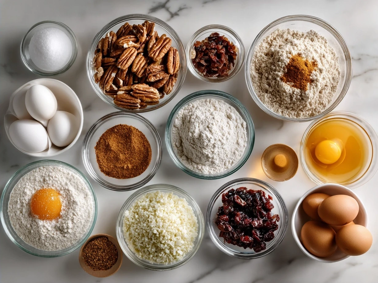 Ingredients for Christmas Breakfast Casserole including sausage, eggs, cheese, bread, and herbs