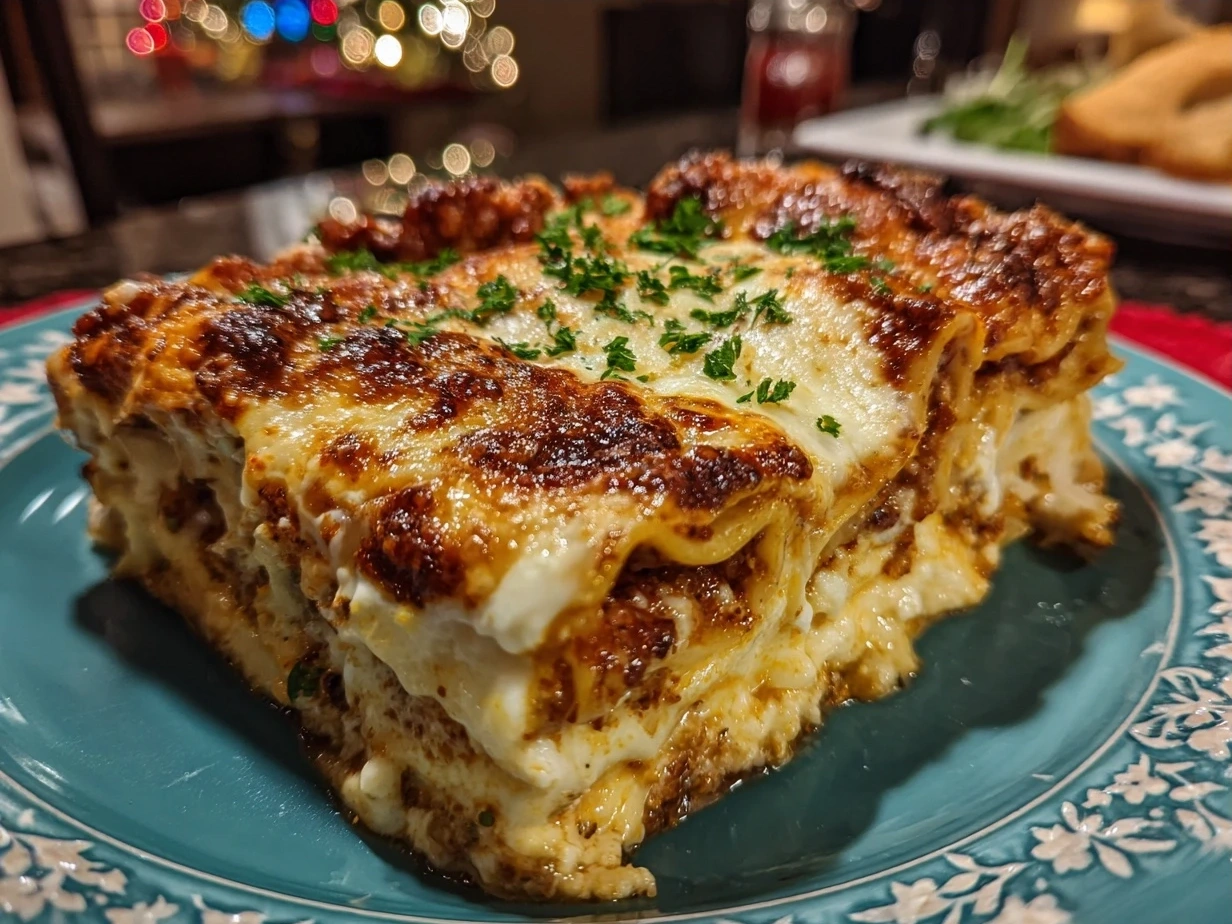 Serving of layered Christmas Cookie Lasagna dessert with cream cheese layers and chocolate chips