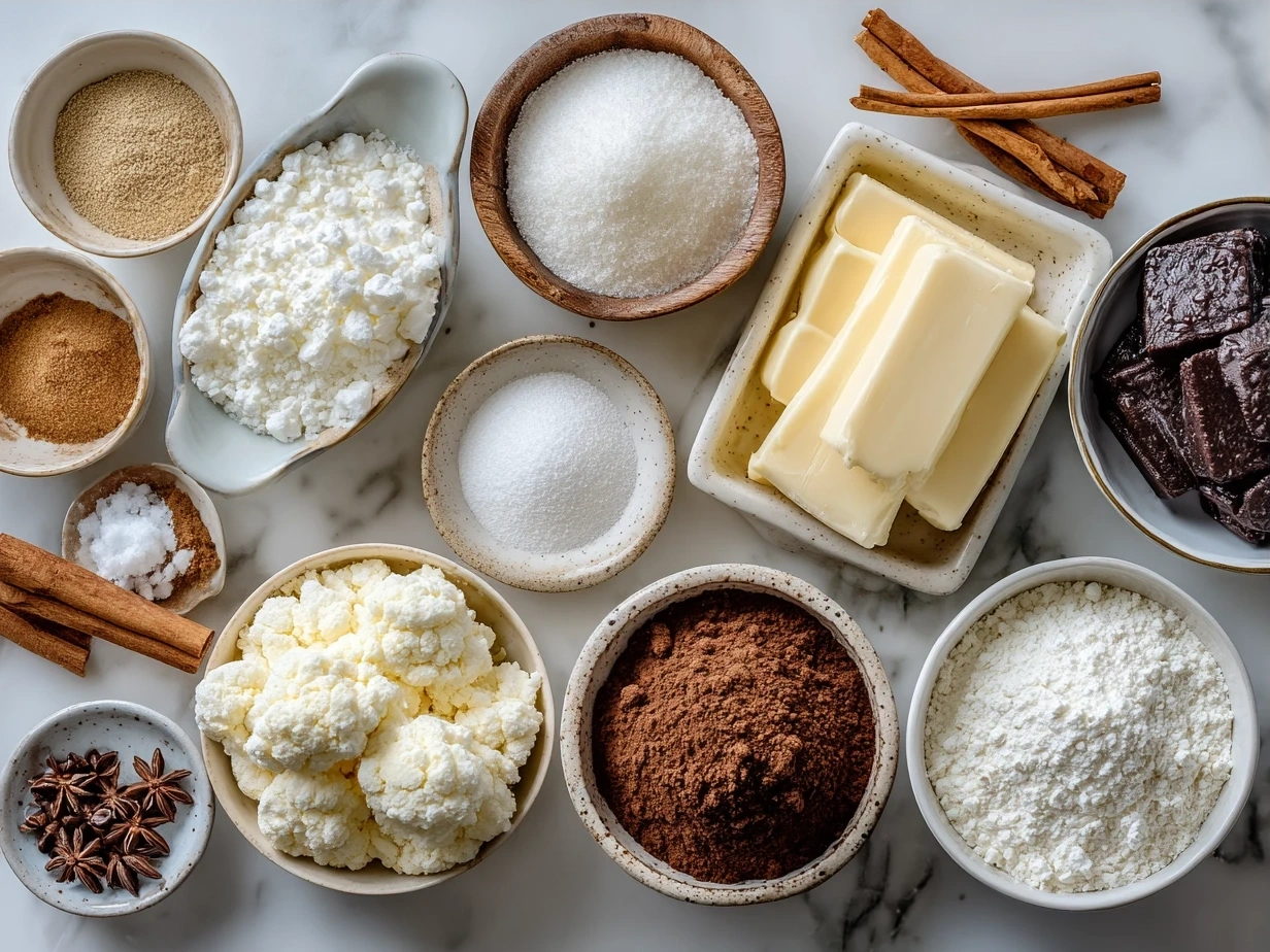 Ingredients for Christmas Cookie Lasagna including crushed cookies, cream cheese, powdered sugar, spices, whipped cream, and chocolate chips