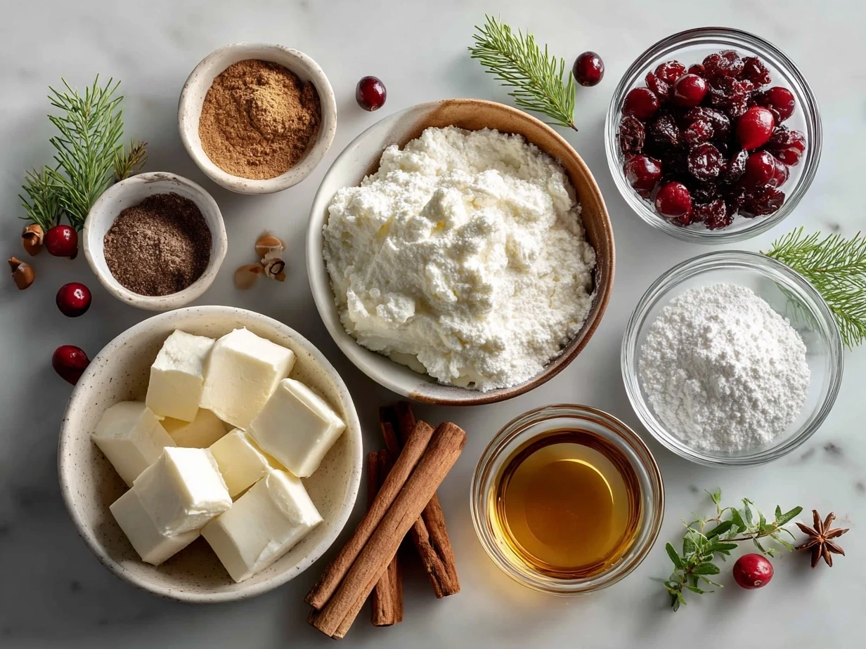 Ingredients for making Christmas Cool Whip Candy with Cool Whip, powdered sugar, nuts, spices, and optional mix-ins