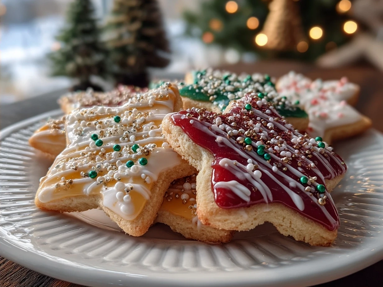 Finished Christmas Lights Cookies decorated with colorful royal icing and edible glitter.