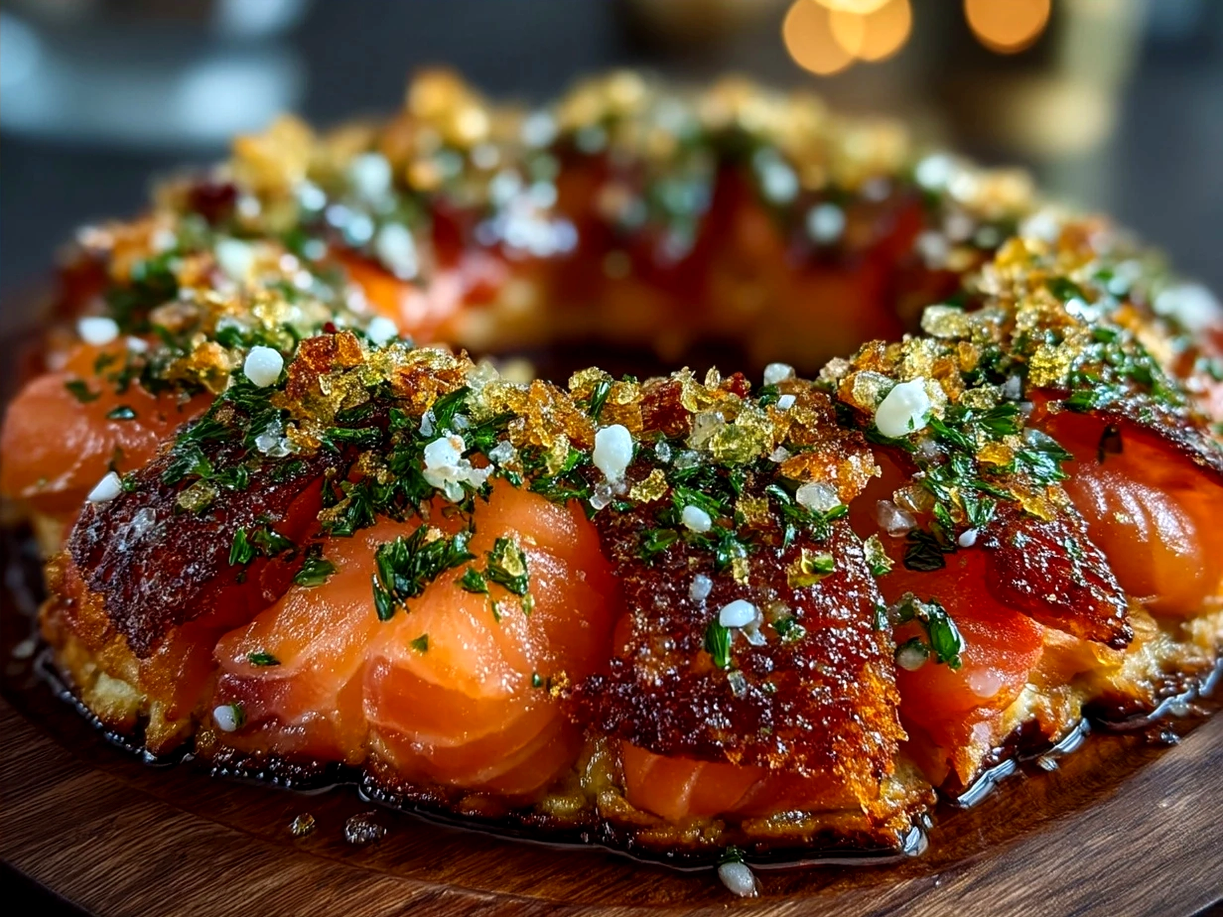 Christmas Smoked Salmon Bruschetta Wreath beautifully arranged on a serving tray garnished with fresh herbs