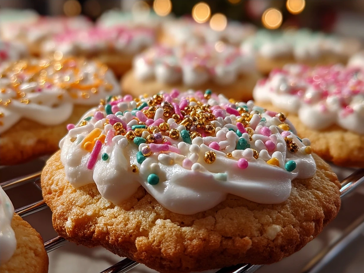 Freshly baked Christmas Sprinkle Cookies on a festive plate
