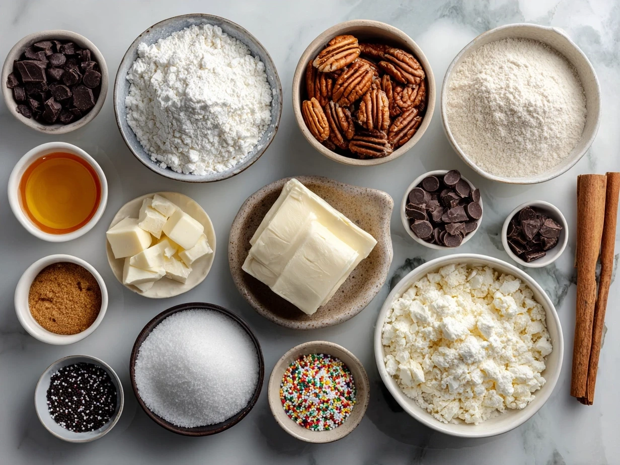 Ingredients for Christmas Sprinkle Cookies including flour, sugar, butter, eggs and festive sprinkles