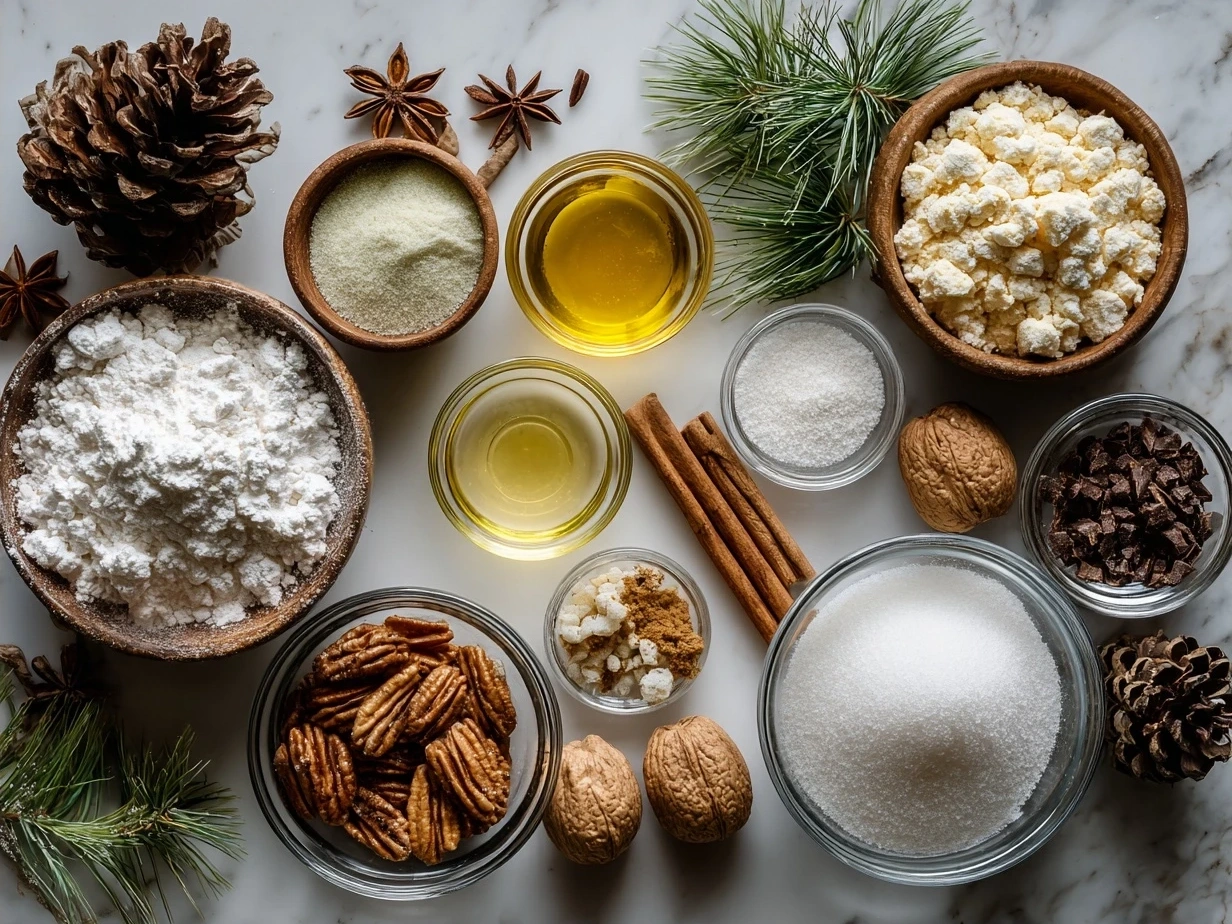 Ingredients for Christmas Sugar Cookie Pie including flour, butter, sugar, eggs, and extracts.