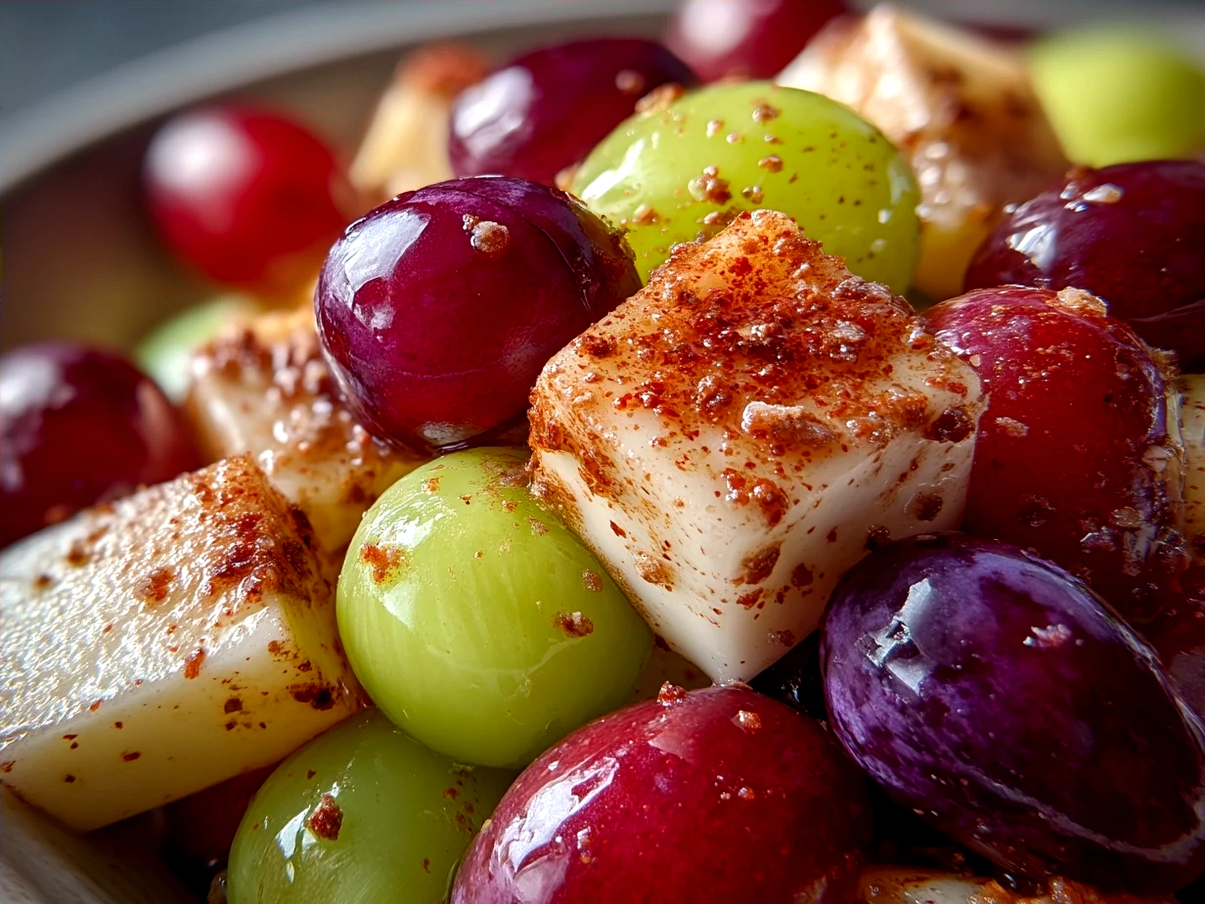 Serving of the finished Cinnamon Apple Grape Salad with apples, grapes, nuts, and cinnamon dressing
