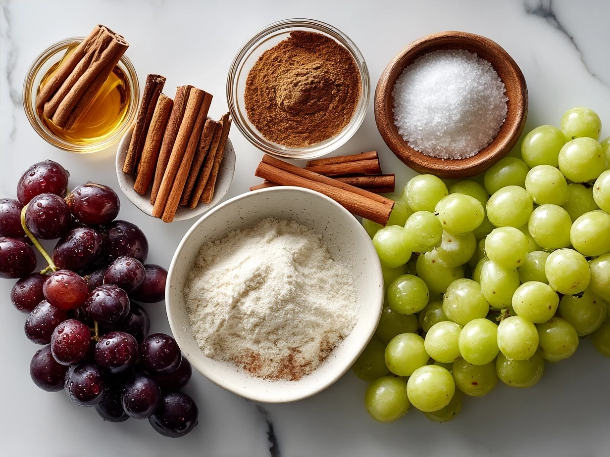 Ingredients for Cinnamon Apple Grape Salad including apples, grapes, cinnamon, nuts, and lemon juice