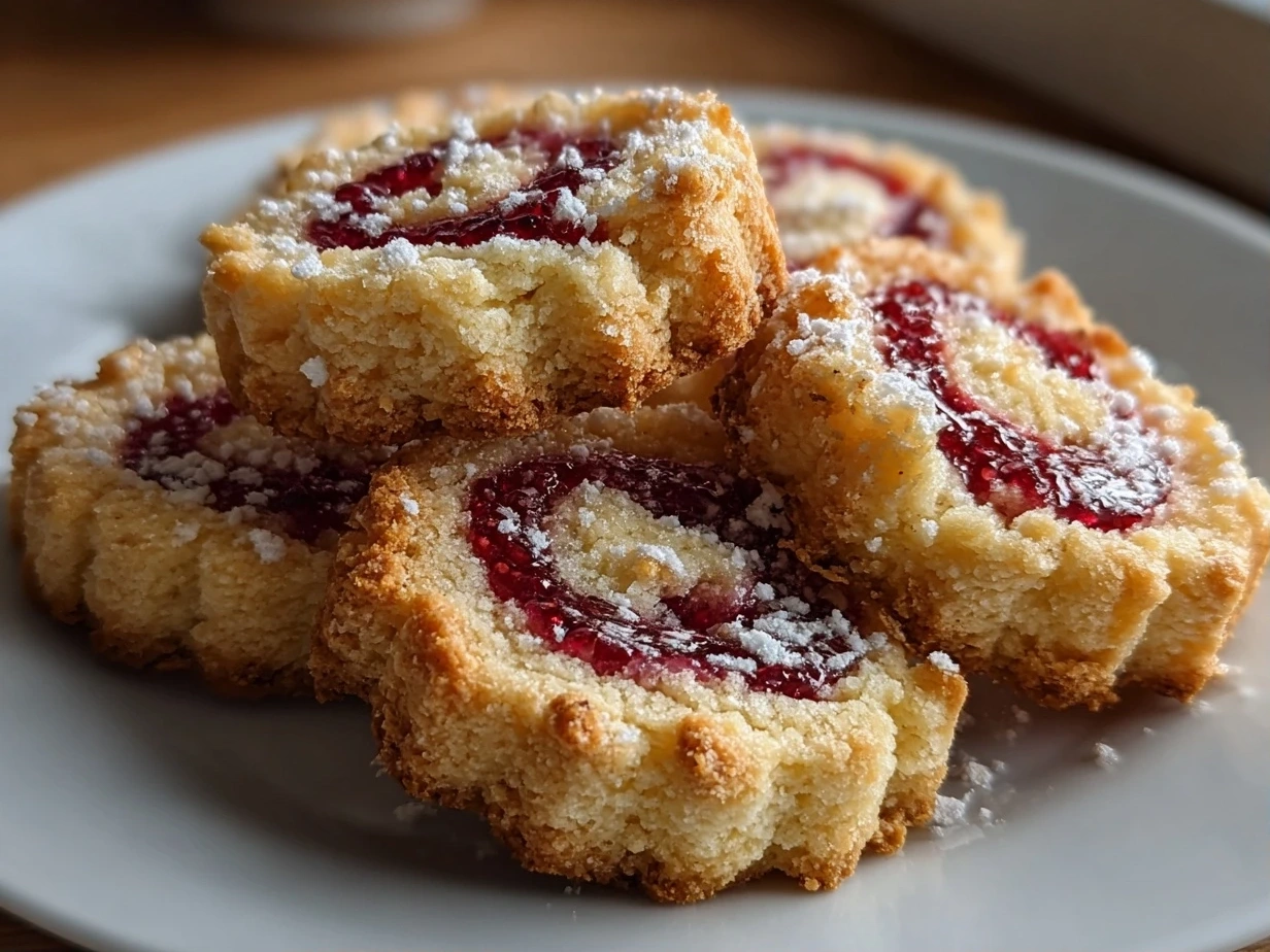 Close-up delicious homemade raspberry swirl shortbread cookies on white plate