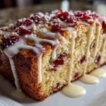 Close-up of a freshly baked Cranberry Orange Bread with Glaze