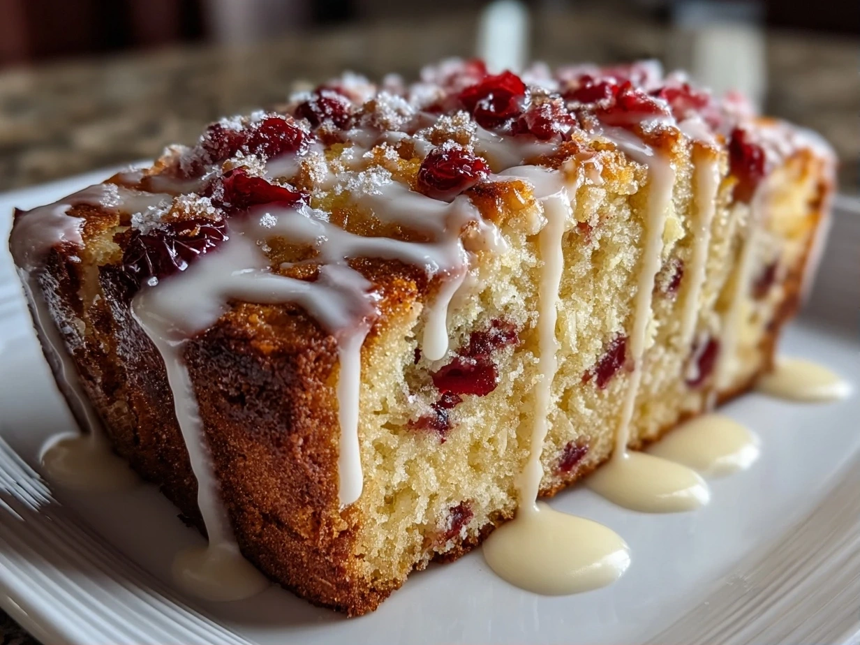 Close-up of a freshly baked Cranberry Orange Bread with Glaze