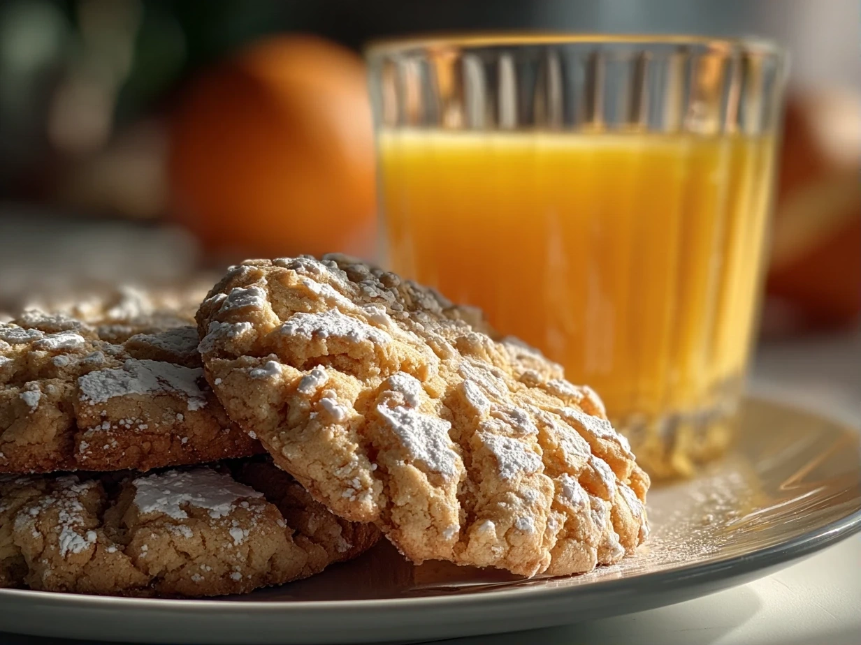 Close-up of a stack of Christmas Cookies with Orange Juice