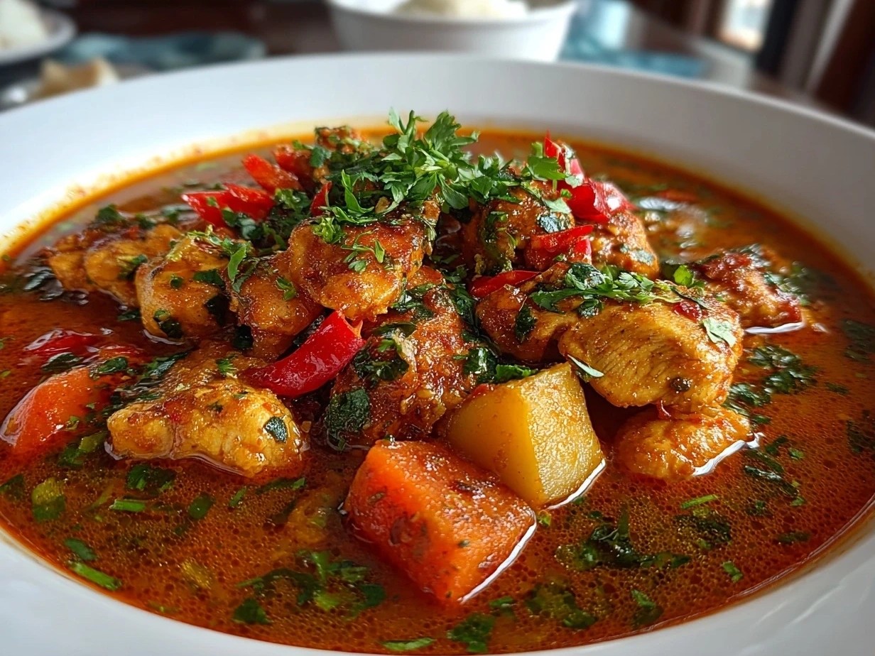 Close-up of delicious Thai Red Curry Chicken served in a bowl