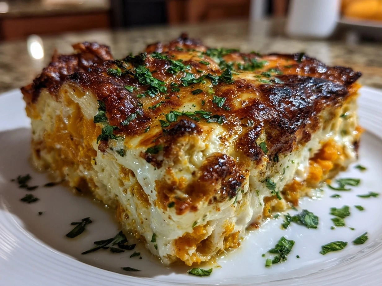 Close-up of homemade butternut squash lasagna