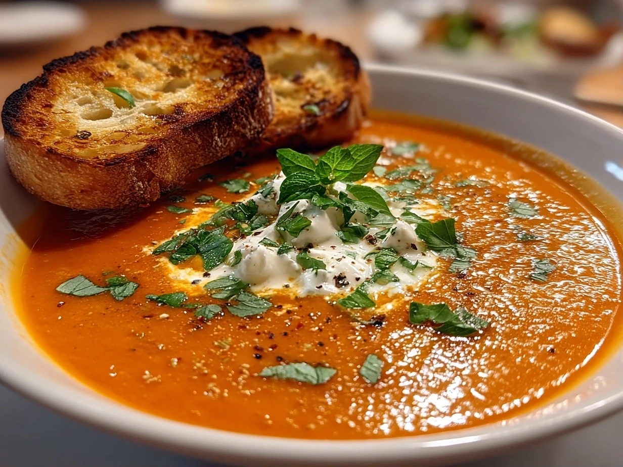 Close-up of Roasted Red Pepper Gouda Soup