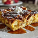 Close-up slight angle of delicious Pumpkin Spice French Toast Casserole on white plate