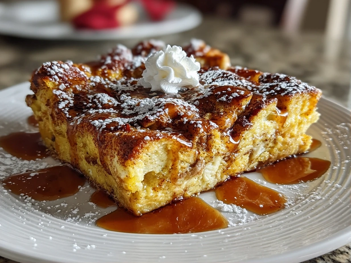 Close-up slight angle of delicious Pumpkin Spice French Toast Casserole on white plate