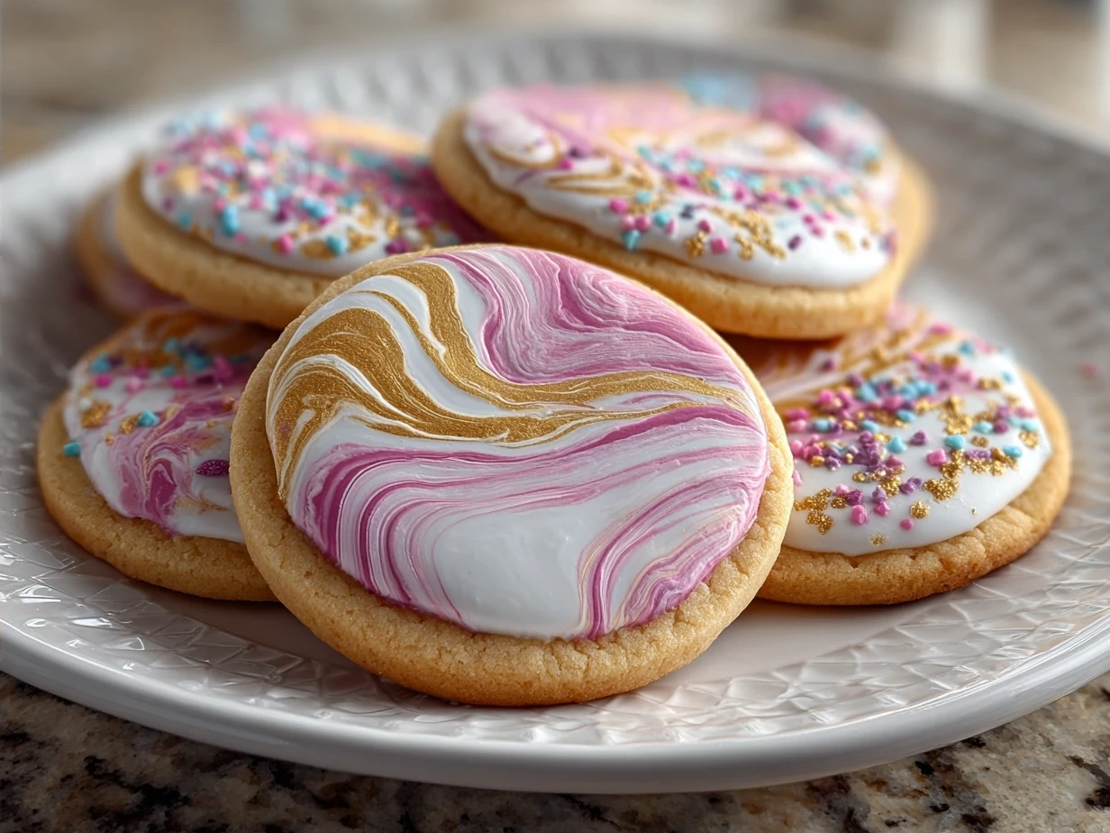 A freshly baked batch of Colorful Marbled Sugar Cookies with vibrant icing patterns, presented on a cooling rack.