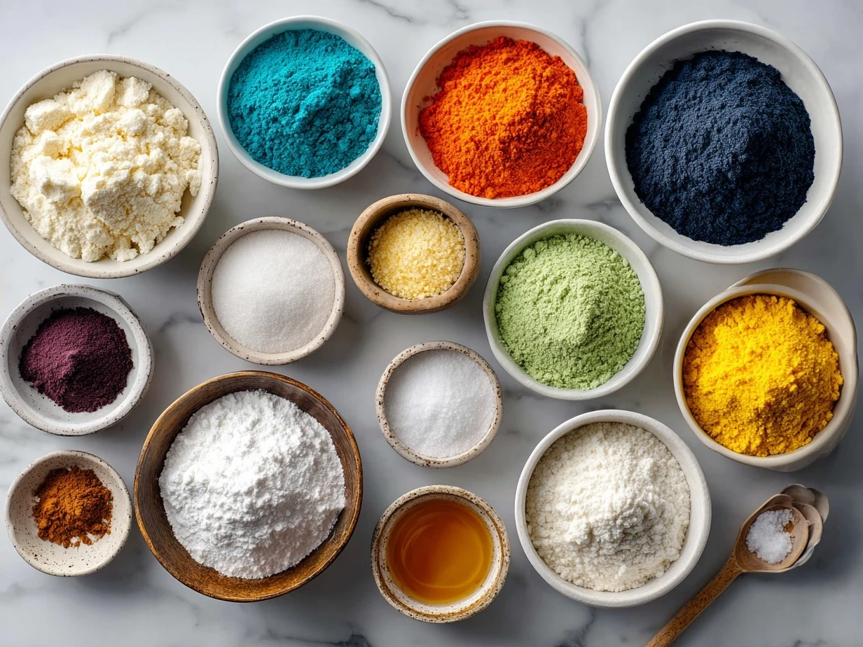 Assortment of ingredients for Colorful Marbled Sugar Cookies, including flour, butter, sugar, eggs, vanilla, almond extract, and gel food coloring.