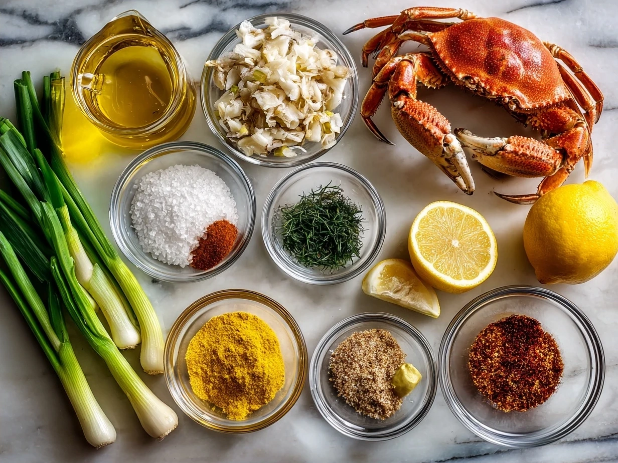 Ingredients for making a Crab Boil Recipe including crab legs, shrimp, corn, potatoes, sausage, and spices