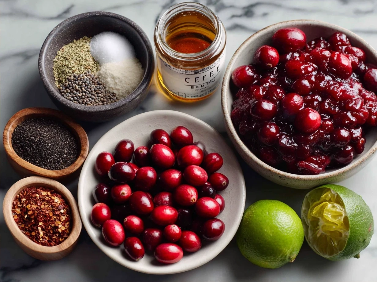 Ingredients for Cranberry Jalapeño Dip including cream cheese, cranberry sauce, jalapeño, green onions, lime, and spices