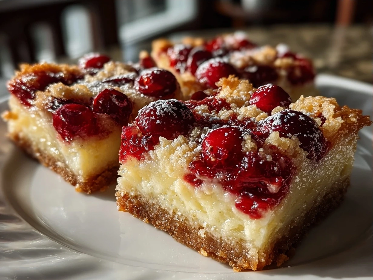 Finished Cranberry Lemon Bars dusted with powdered sugar.
