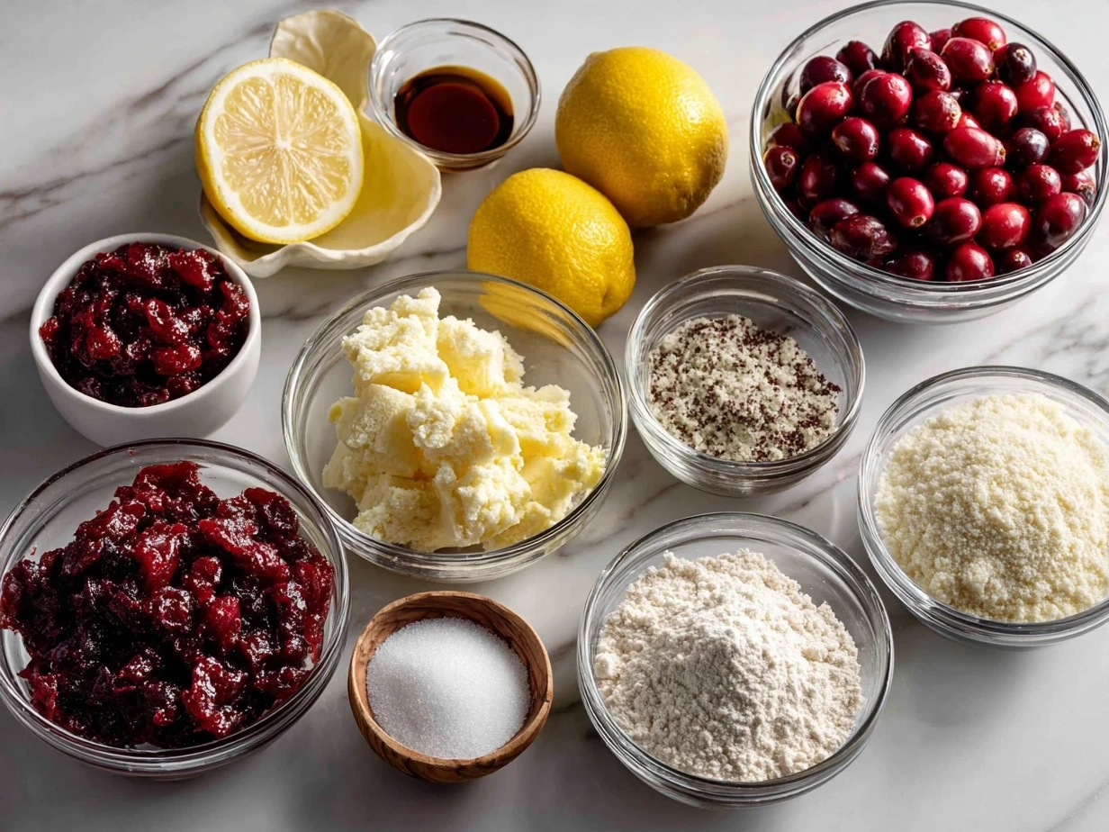Ingredients for Cranberry Lemon Bars: flour, butter, sugar, salt, eggs, lemons, and cranberries.