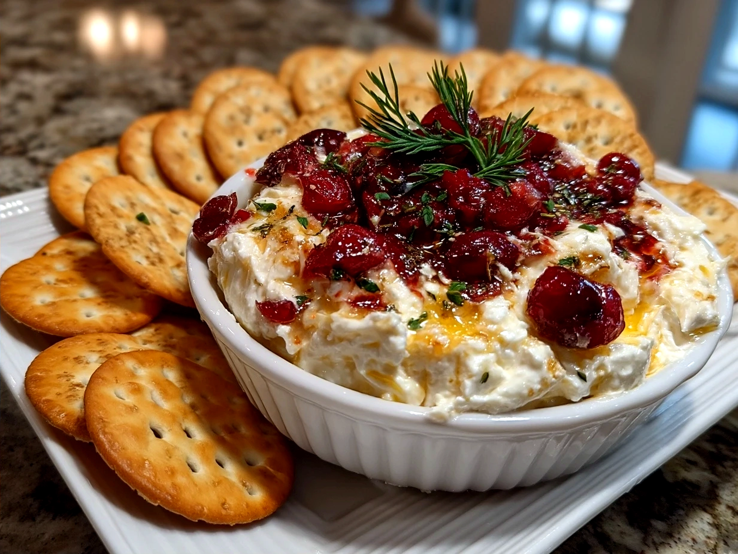 Serving Cranberry Whipped Feta Dip with Crackers garnished with toasted walnuts and fresh cranberries