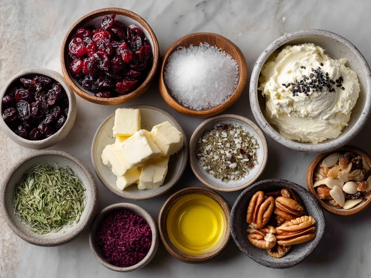 Ingredients for Cranberry Whipped Feta Dip with Crackers including feta cheese, cream cheese, fresh cranberries, honey, and walnuts