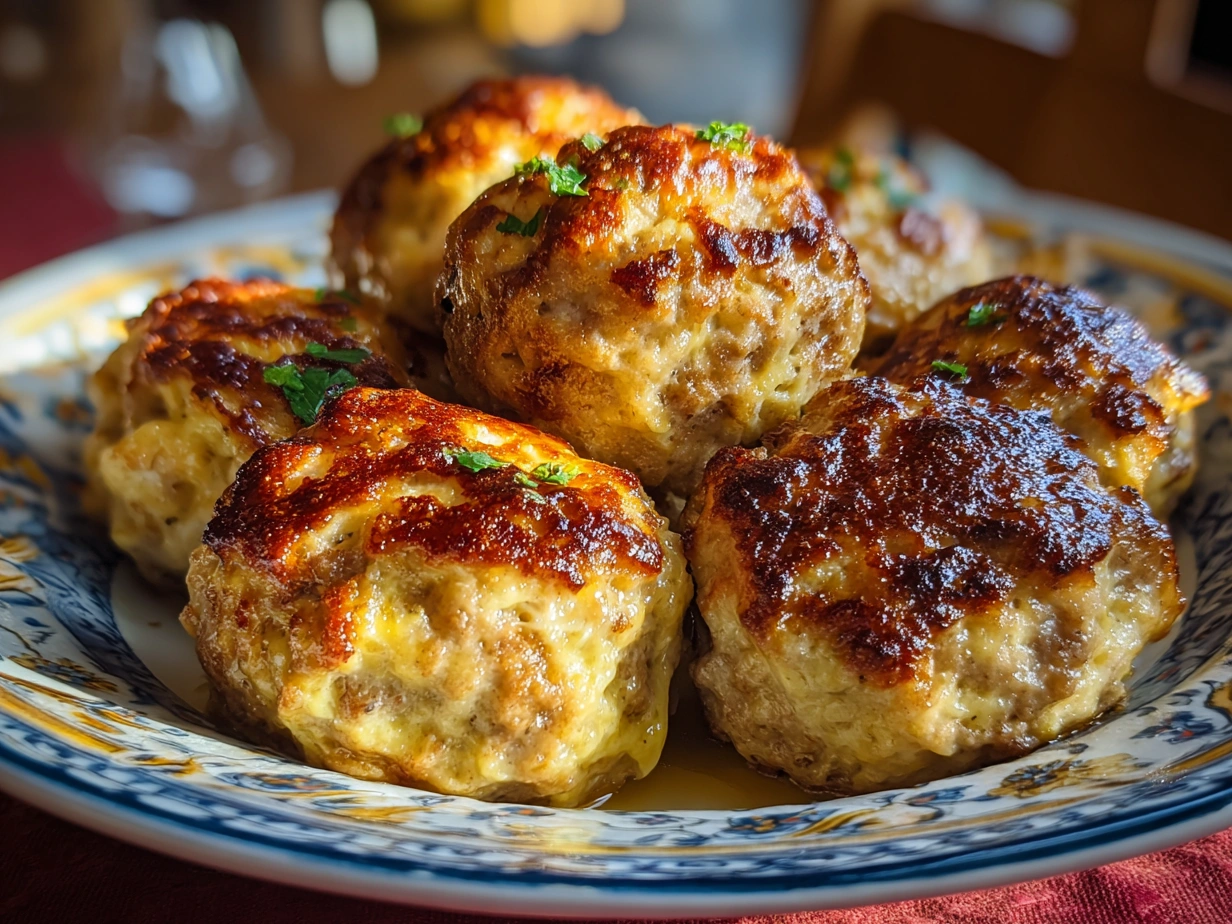 Freshly baked Cream Cheese Sausage Balls served on a wooden platter