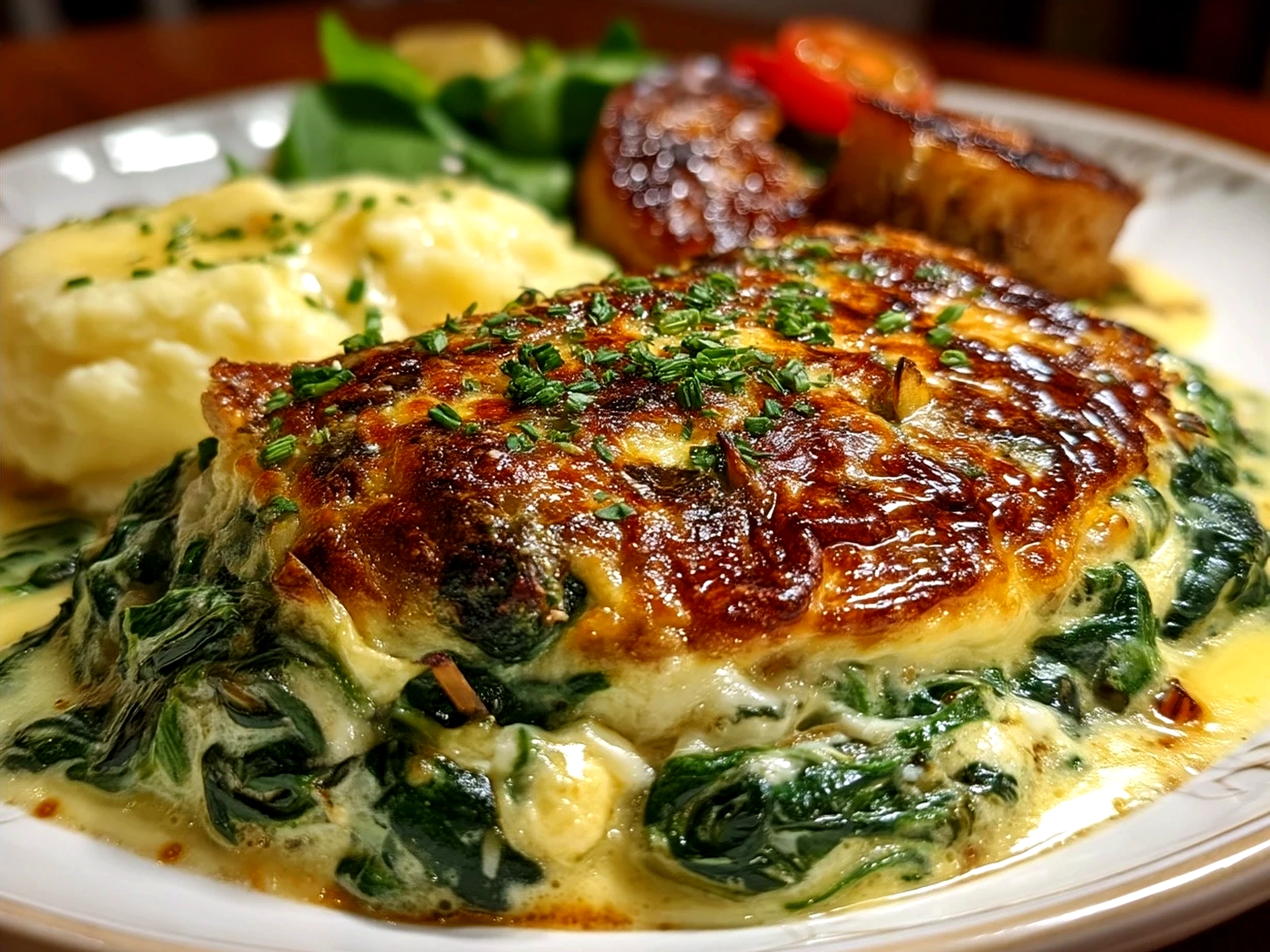 Creamed spinach served in a rustic bowl sprinkled with Parmesan and cracked black pepper