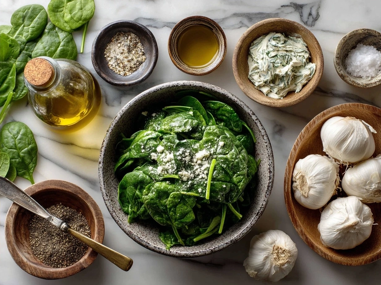 Ingredients for creamed spinach including fresh spinach, butter, garlic, shallot, ricotta, cream, nutmeg, and Parmesan