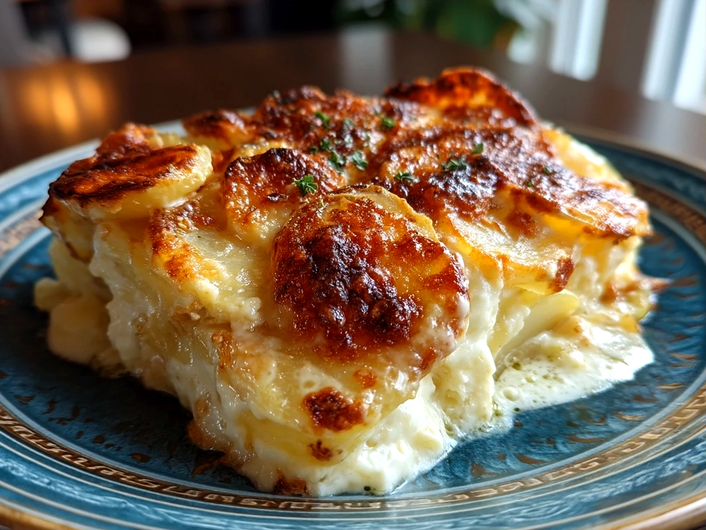 Serving of creamy scalloped potatoes garnished with fresh thyme on a white plate