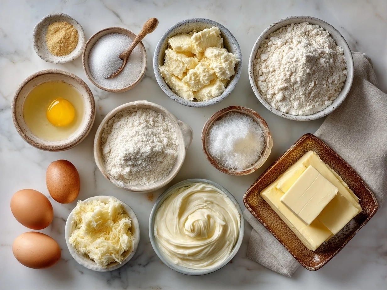 Ingredients for creamy scalloped potatoes laid out on a kitchen counter